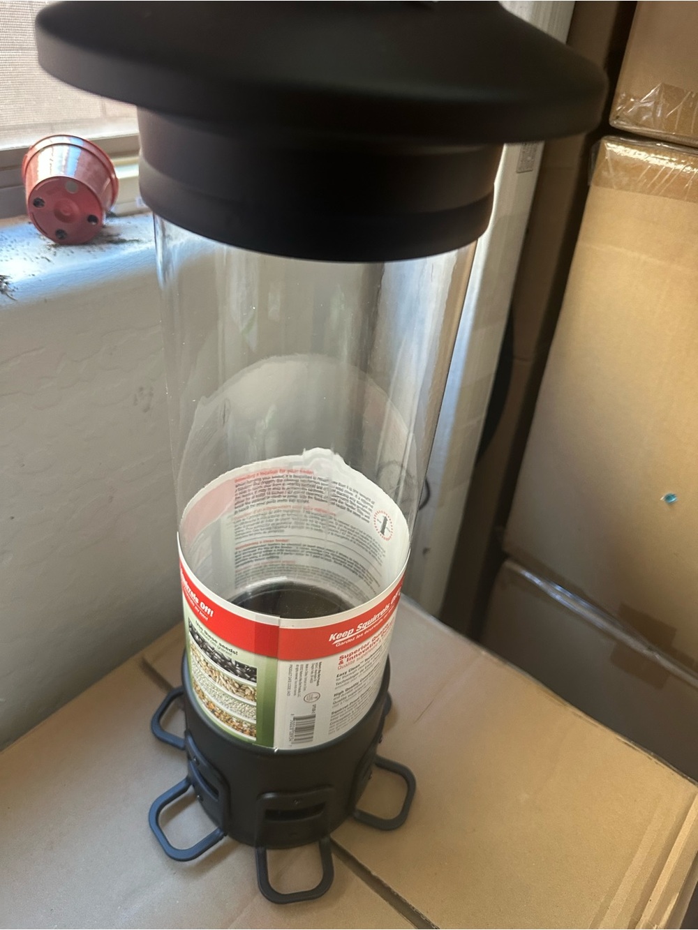 Clear glass Bird Feeder with Black Top and Base